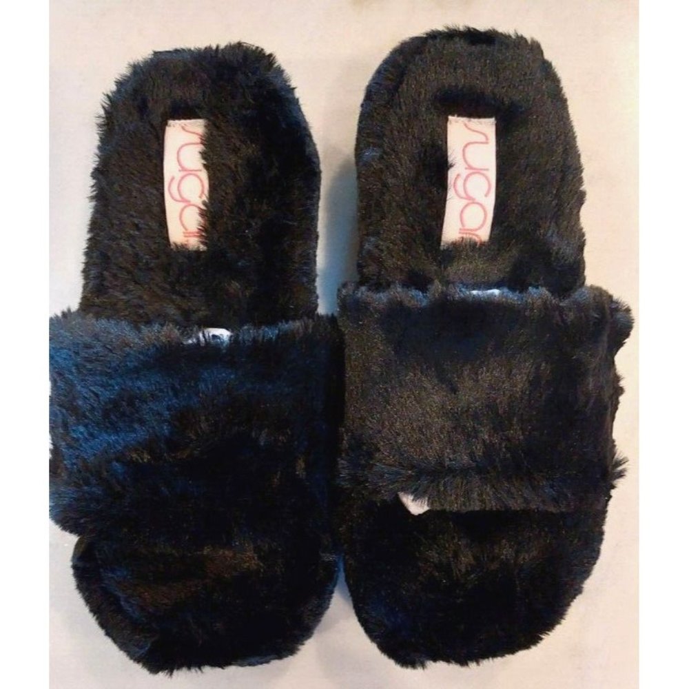 Sugar Wryde Black Platform Fluffy Slip On Womens Fur Slipper Warm Sandals Size 8